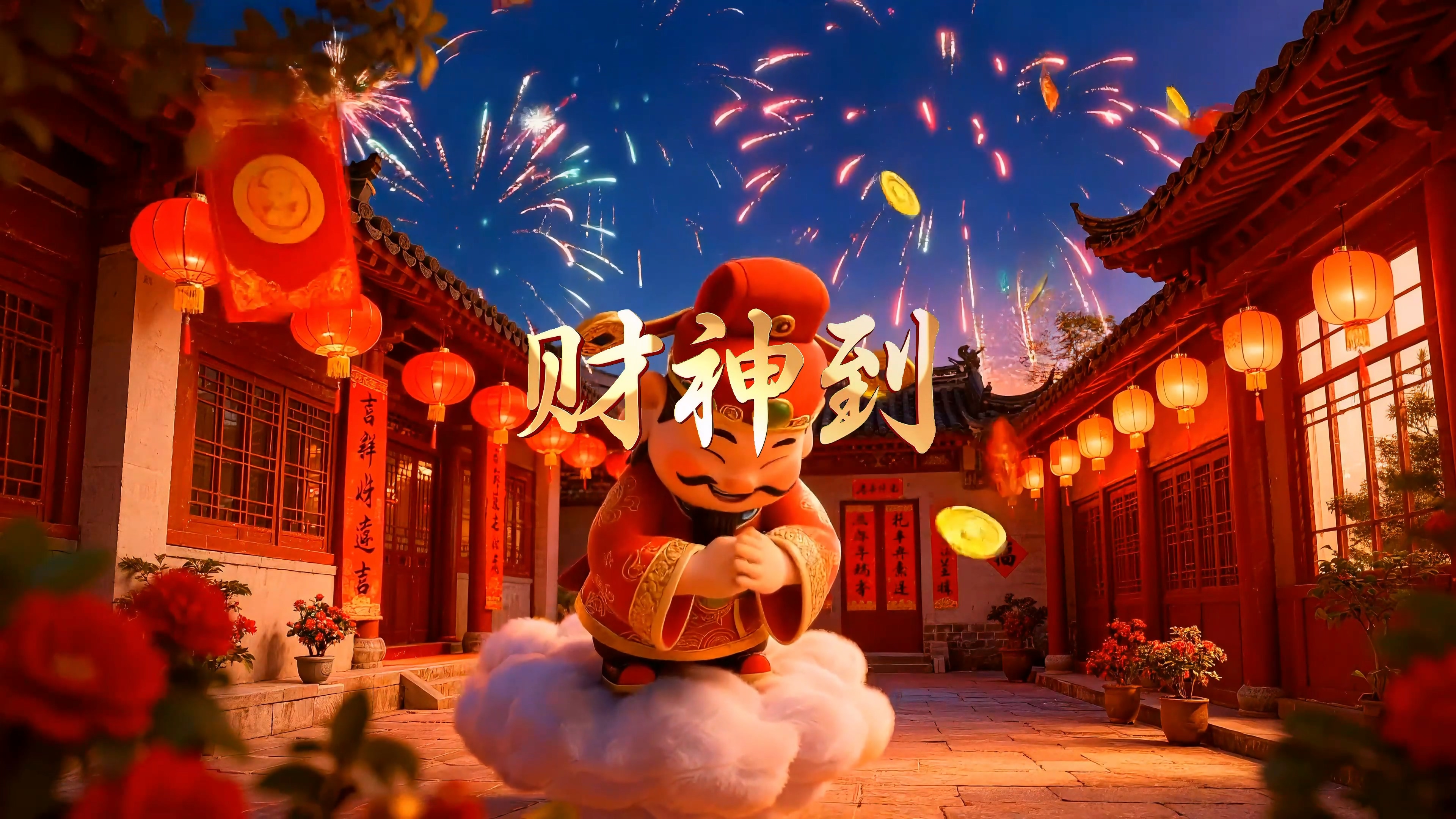 《财神到》喜庆新年春节卡通3D财神爷送祝福动画背景视频