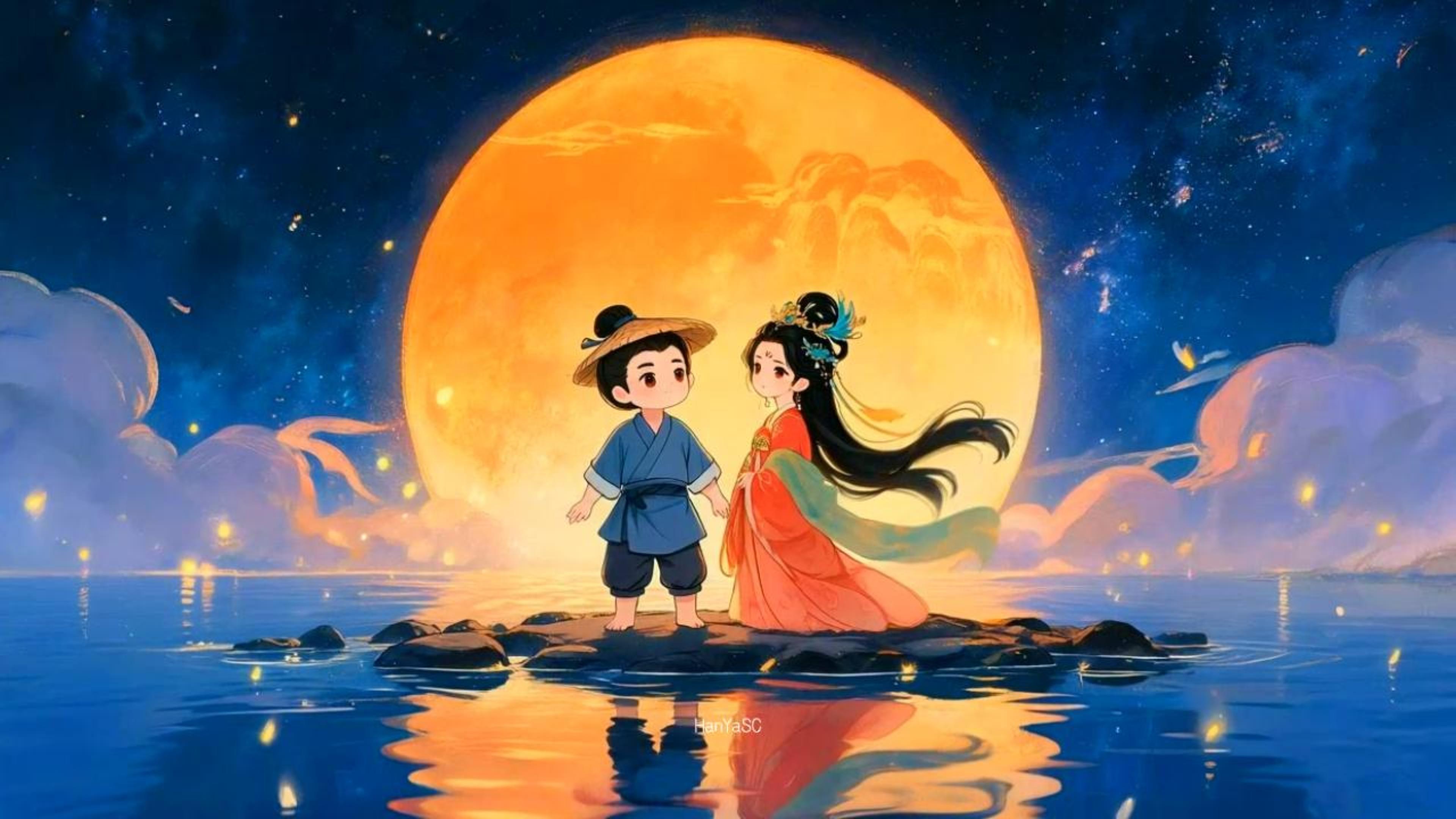 七夕节一支穿云箭牛郎织女鹊桥相会爱情卡通动画舞台背景视频素材