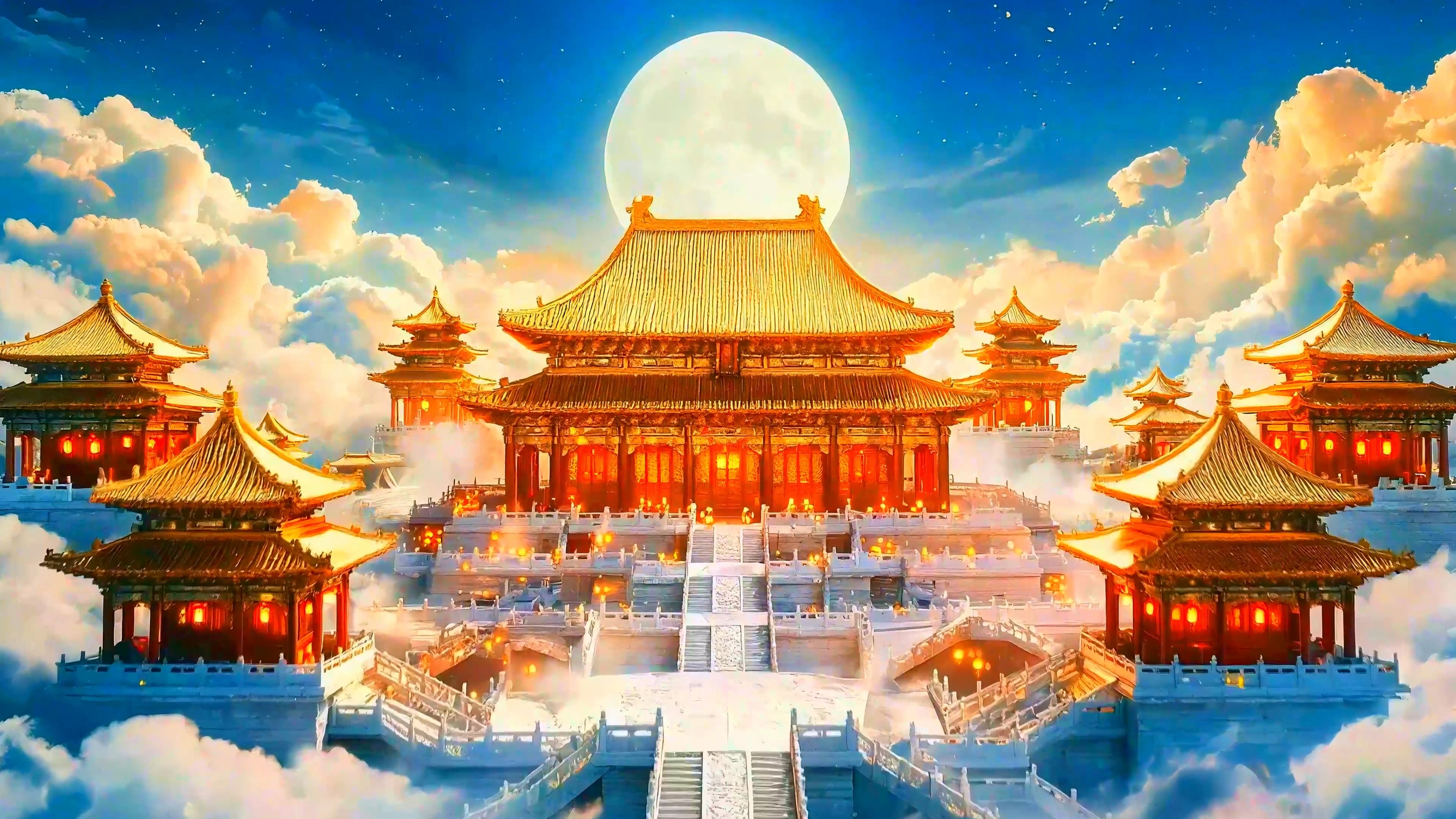 中国风天上宫阙宫殿八月十五中秋节唯美天宫古典舞蹈舞台背景视频