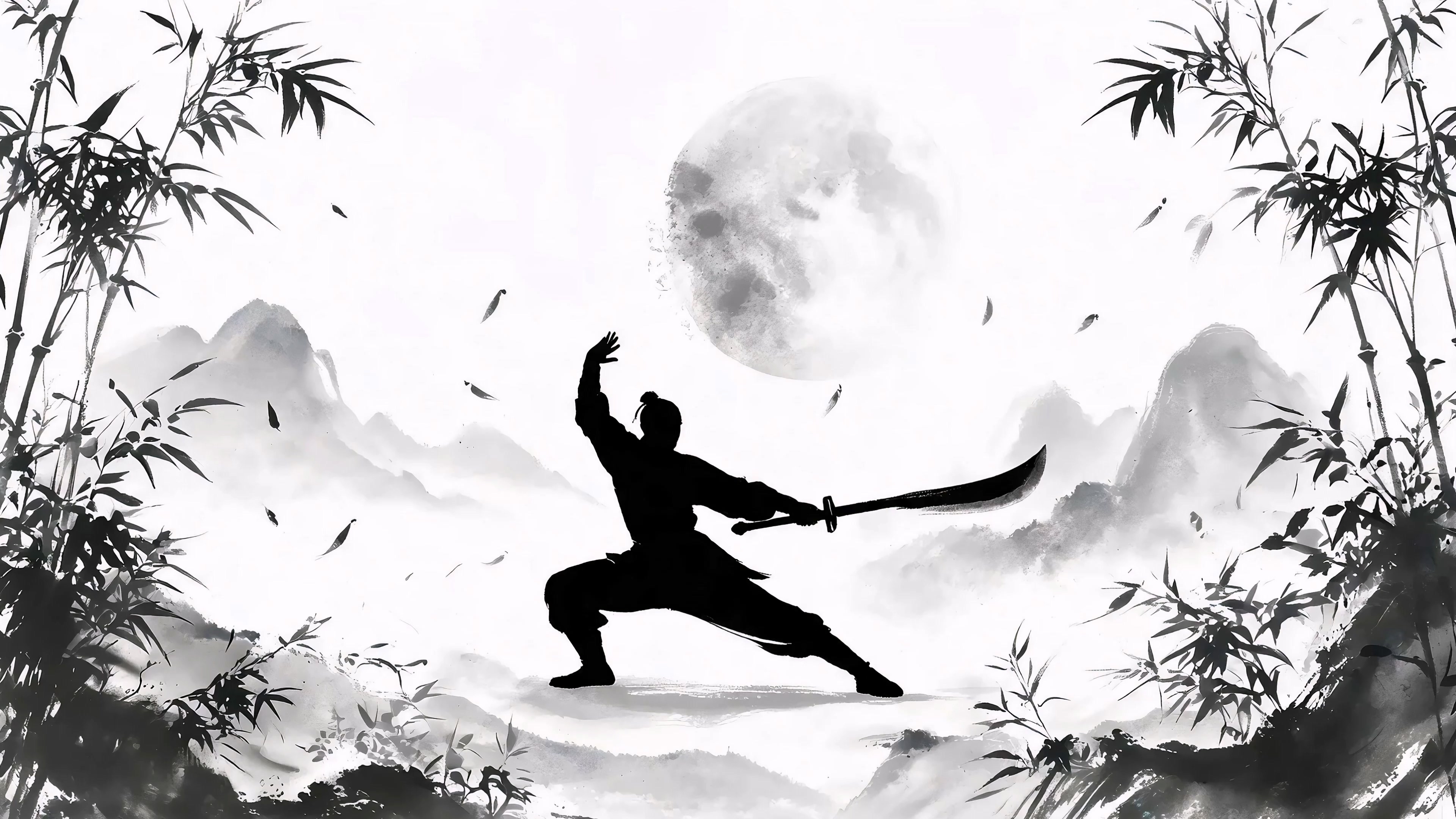 黑白水墨武术武功武侠风月夜竹林晚会舞台诗词朗诵演讲背景视频