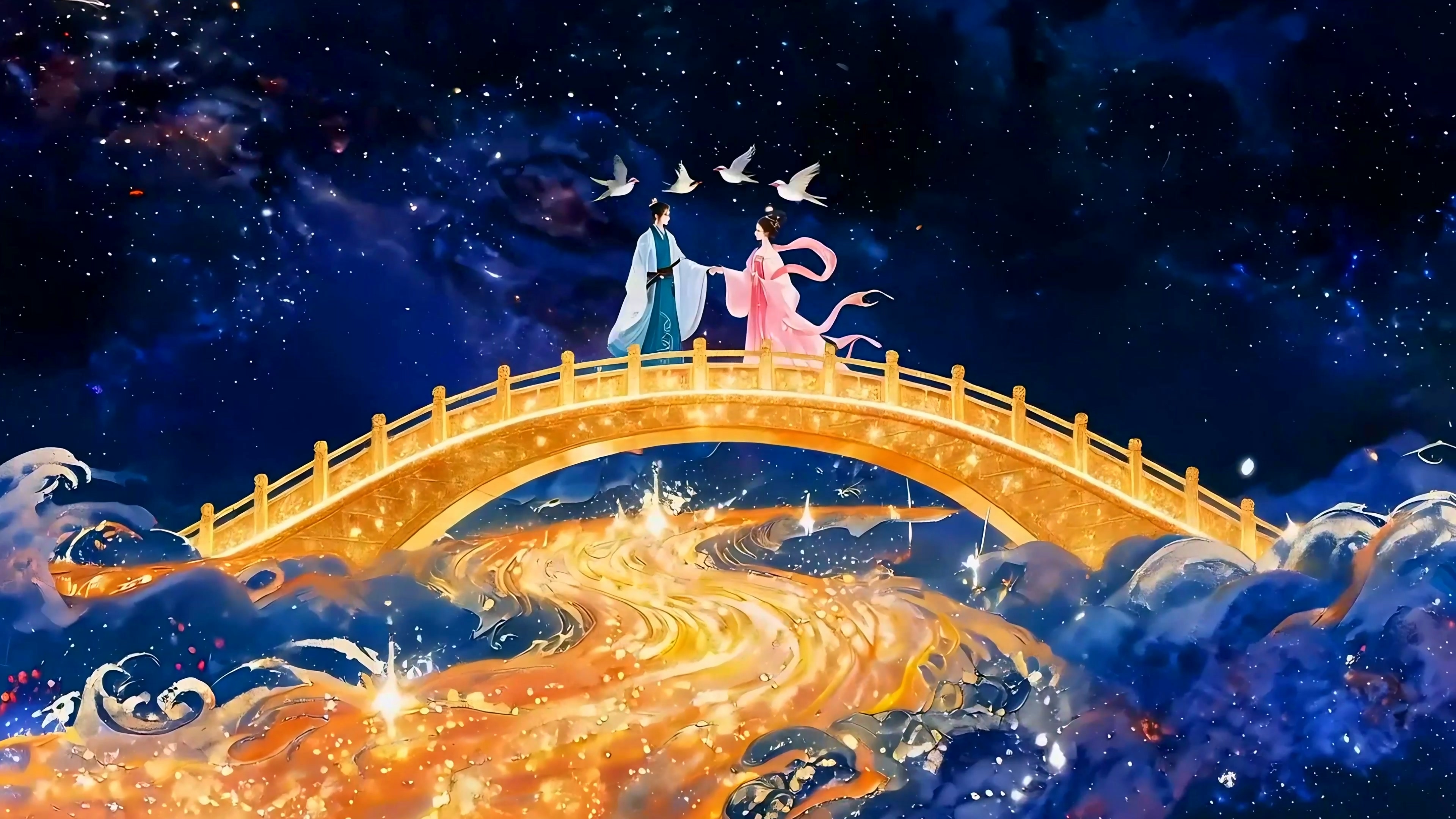 七夕节牛郎织女鹊桥相会中国风温馨爱情卡通动画舞台背景视频素材